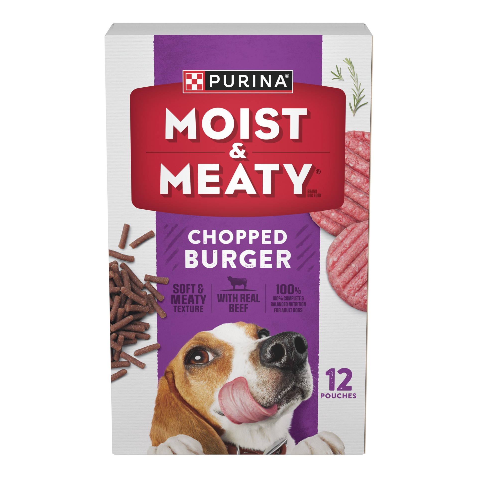 slide 1 of 8, Moist & Meaty Purina Moist and Meaty Dog Food Chopped Burger Soft Dog Food Pouches, 72 oz