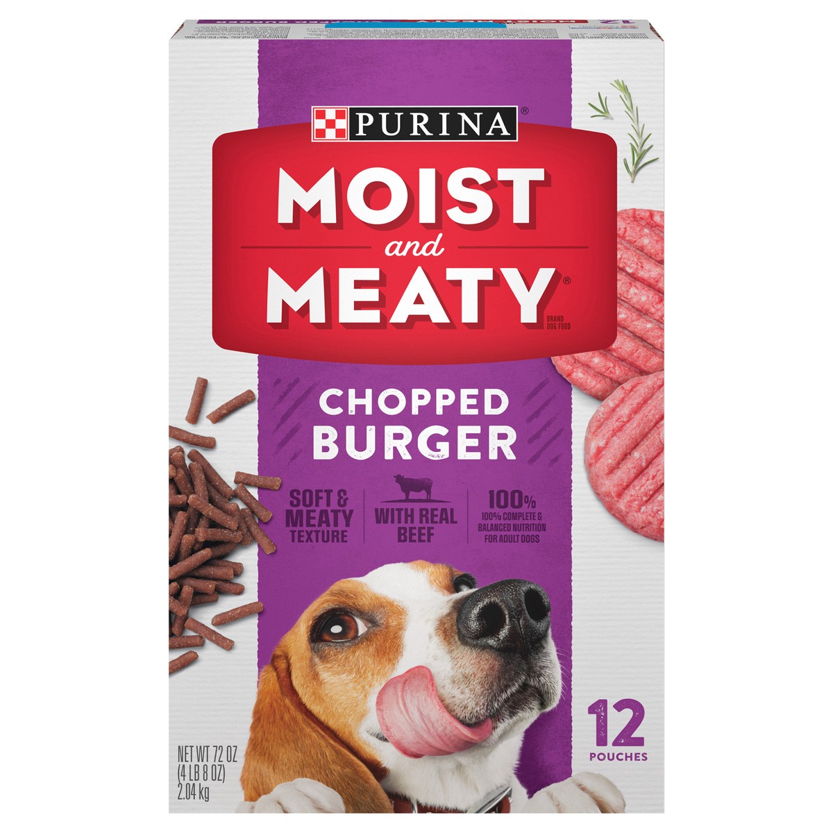 slide 1 of 8, Purina Moist and Meaty Dog Food Chopped Burger Soft Dog Food Pouches - 12 ct. Pouch, 12 ct