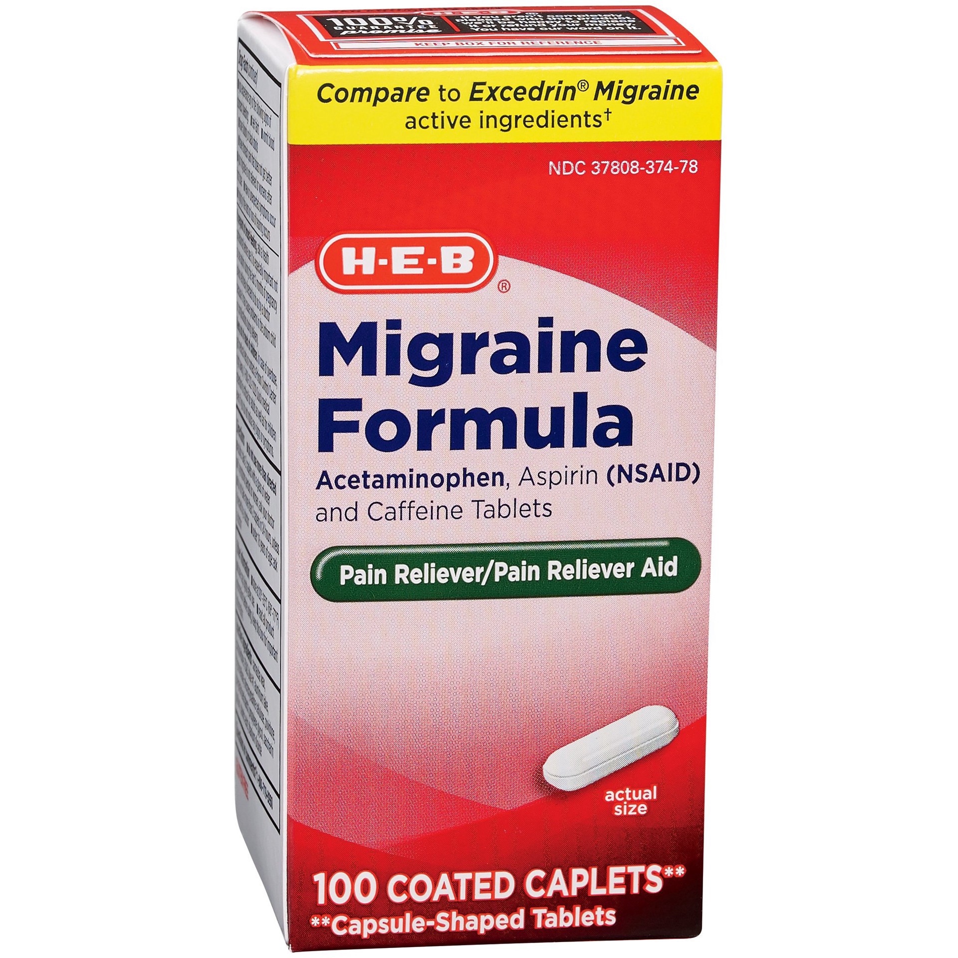 slide 1 of 1, H-E-B Migraine Formula Acetaminophen Coated Caplets, 100 ct