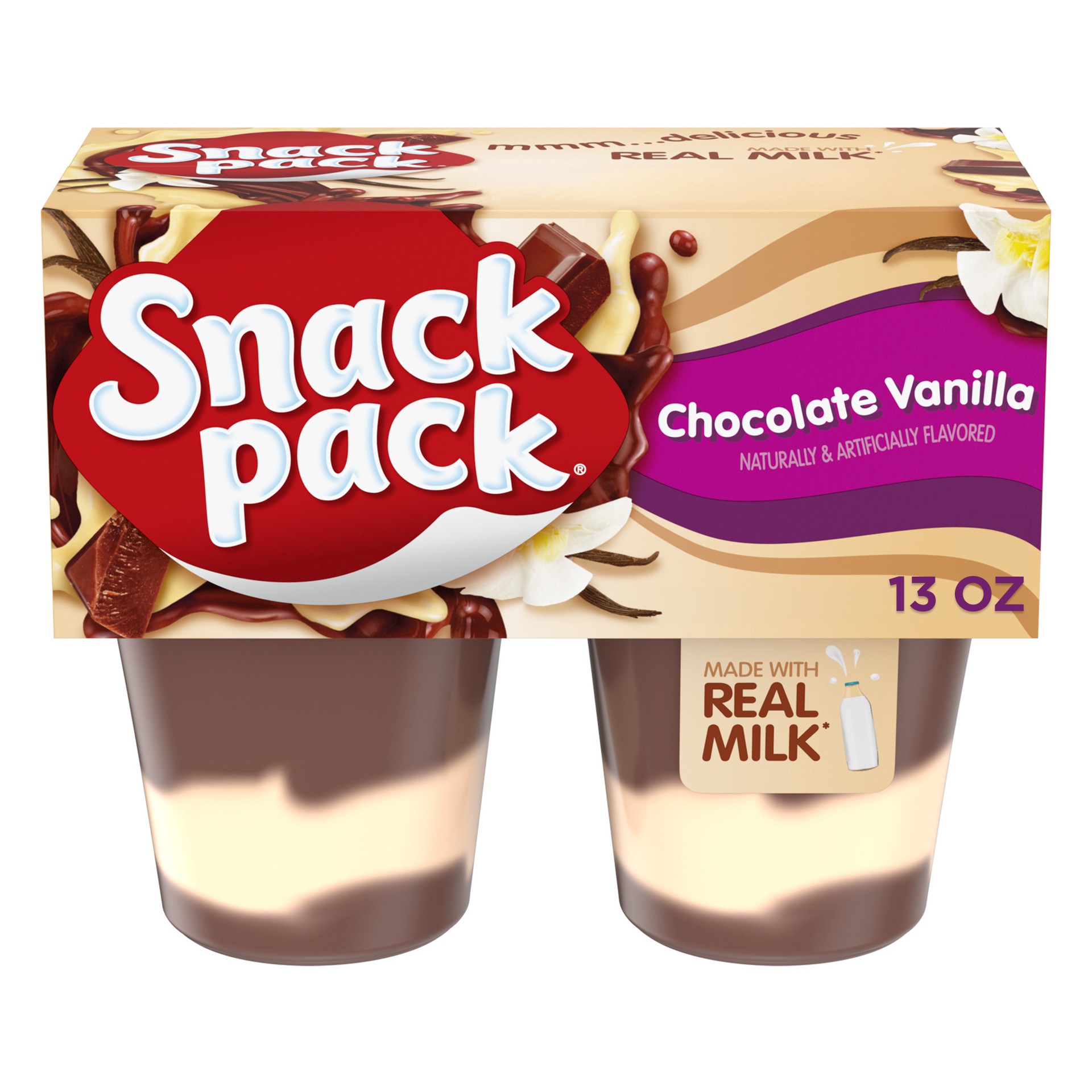 slide 1 of 5, Snack Pack Chocolate Vanilla Flavored Pudding, 3.25 oz Pudding Cups, 4 Count, 12 Pack, 4 ct