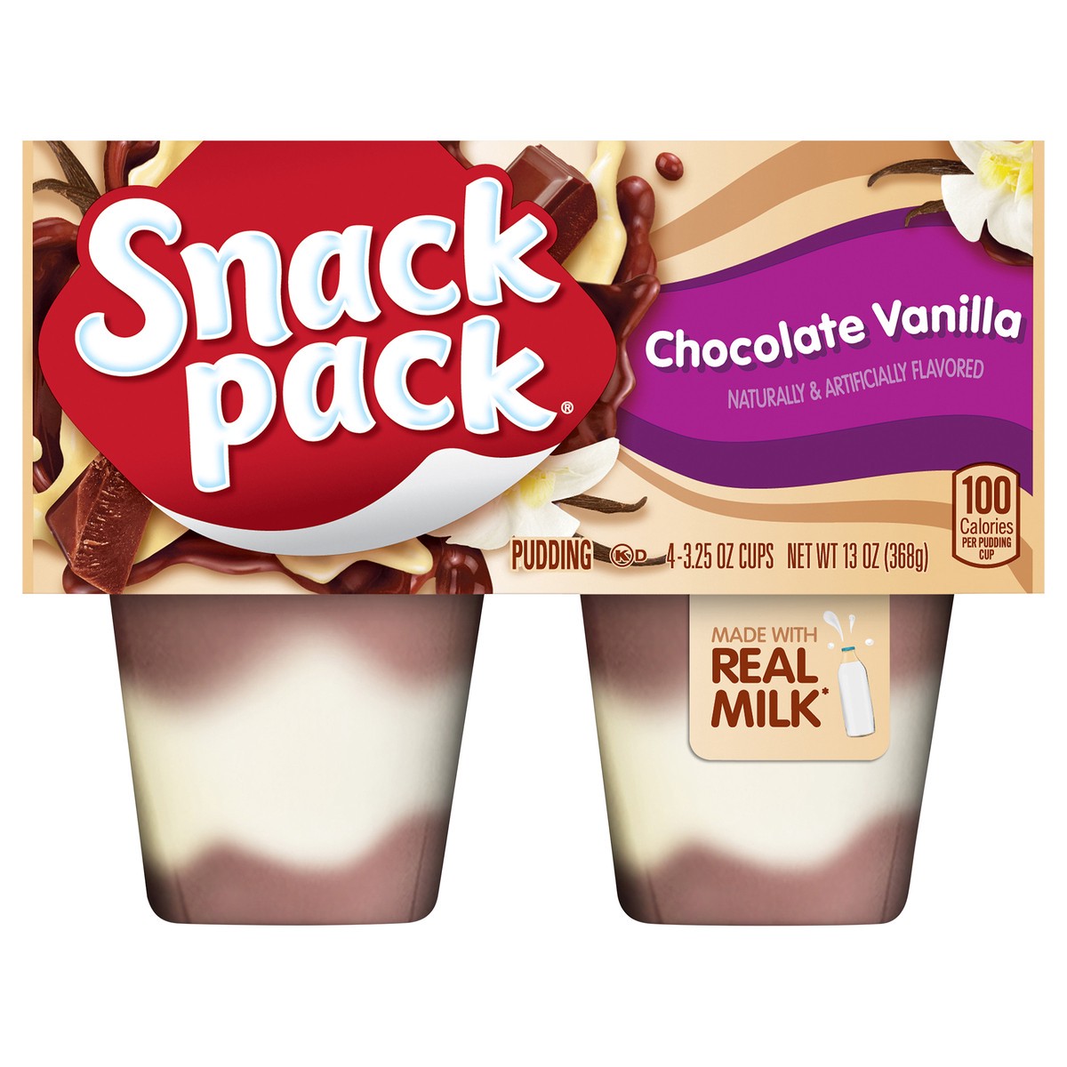 slide 1 of 5, Snack Pack Chocolate Vanilla Flavored Pudding, 4 Count Pudding Cups (12 Pack), 4 ct