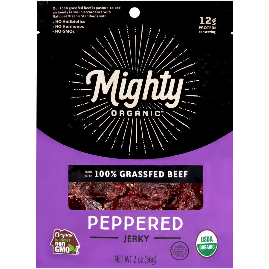 slide 1 of 6, Mighty Organic Jerky, Organic, Peppered, 2 oz