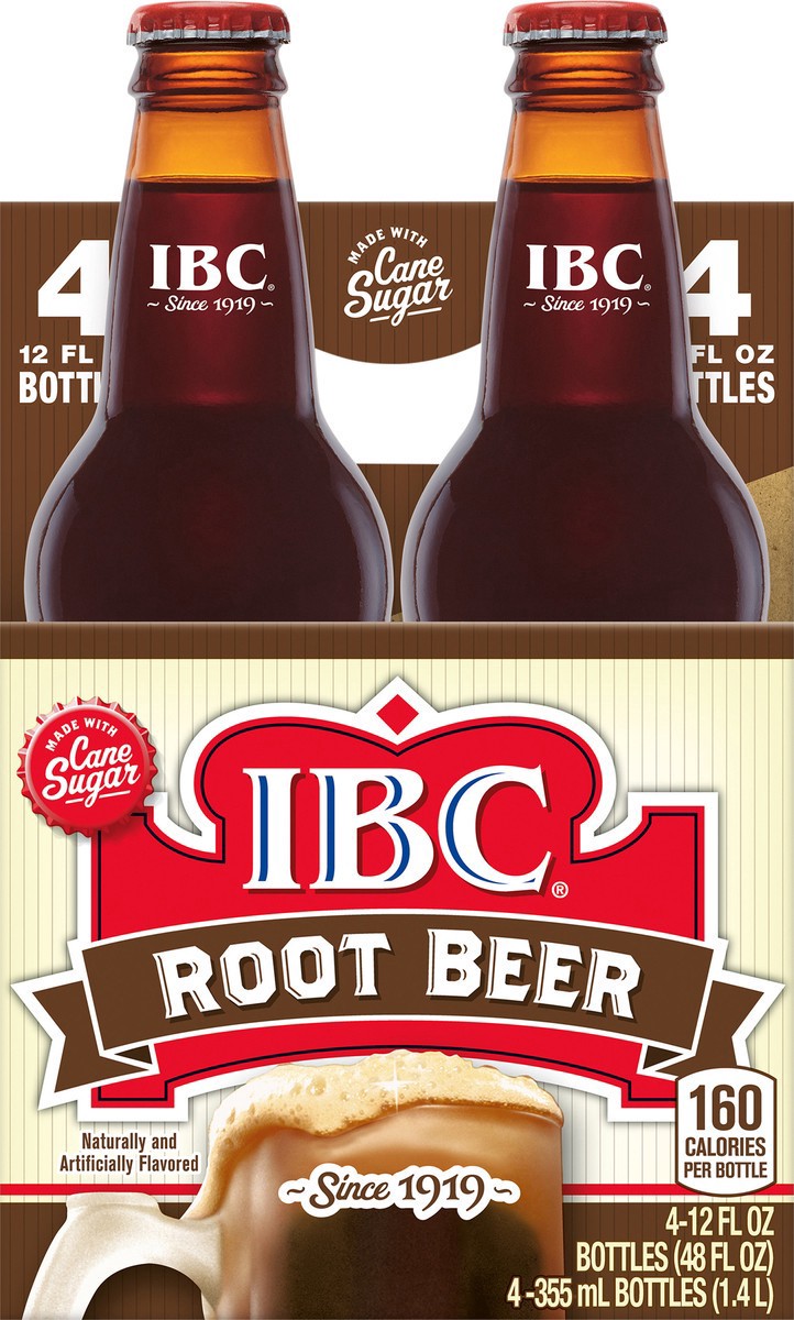 slide 3 of 7, IBC Root Beer Made with Sugar Soda, 12 fl oz glass bottles, 4 pack, 4 ct