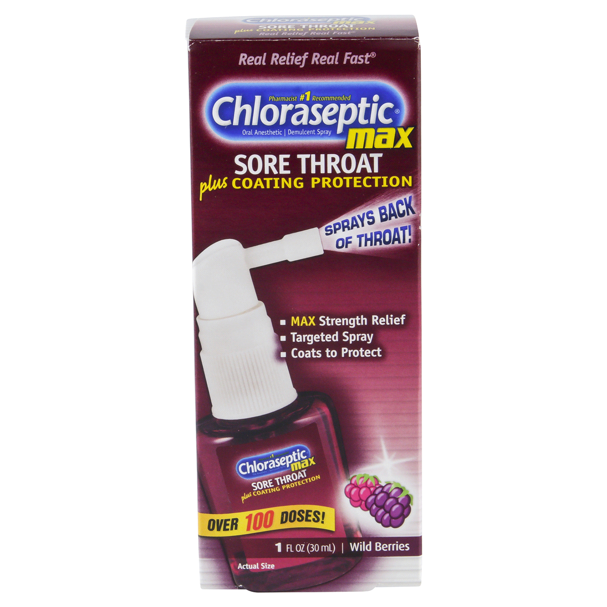 slide 1 of 4, Chloraseptic Max Sore Throat Plus Coating Protection Spray - Wild Berry, 1 fl oz