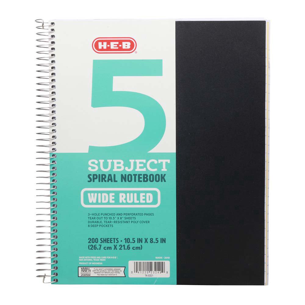 slide 1 of 1, H-E-B 5 Subject Wide Ruled Poly Spiral Notebook - Black, 10.5 in x 8.5 in