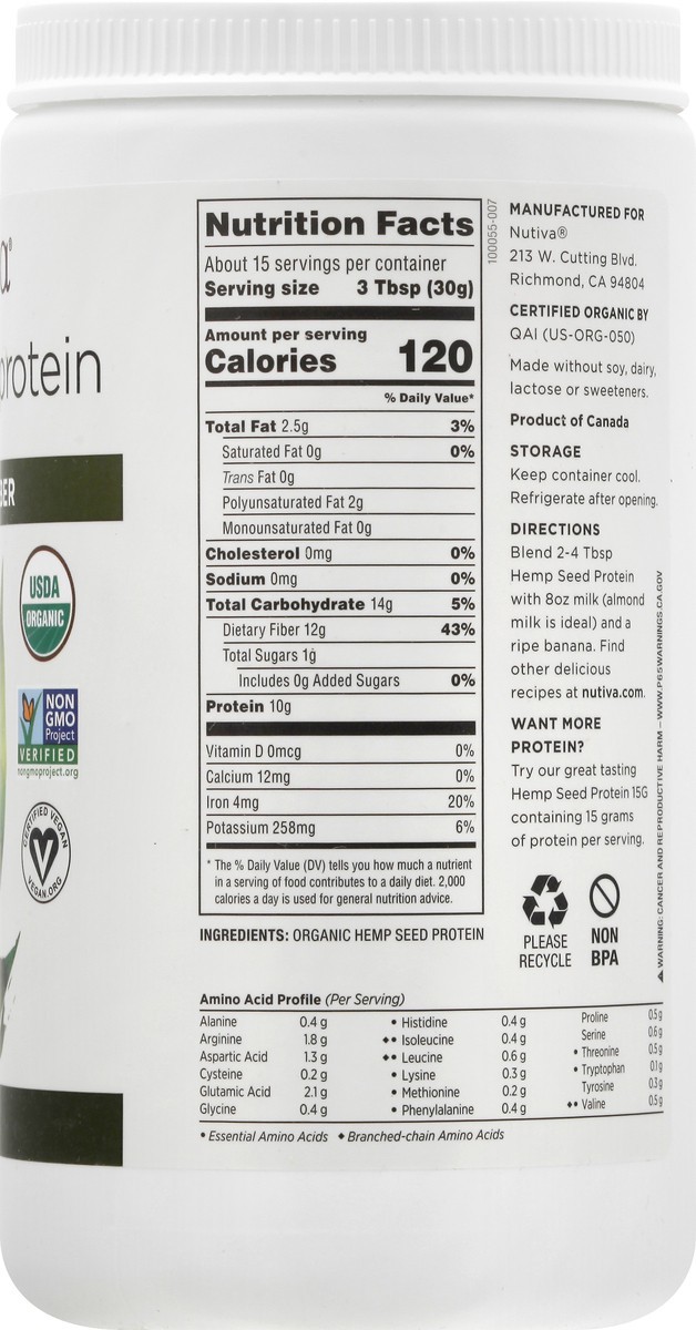 slide 6 of 12, Nutiva Organic Hi-Fiber Hemp Seed Protein 16 oz, 16 oz