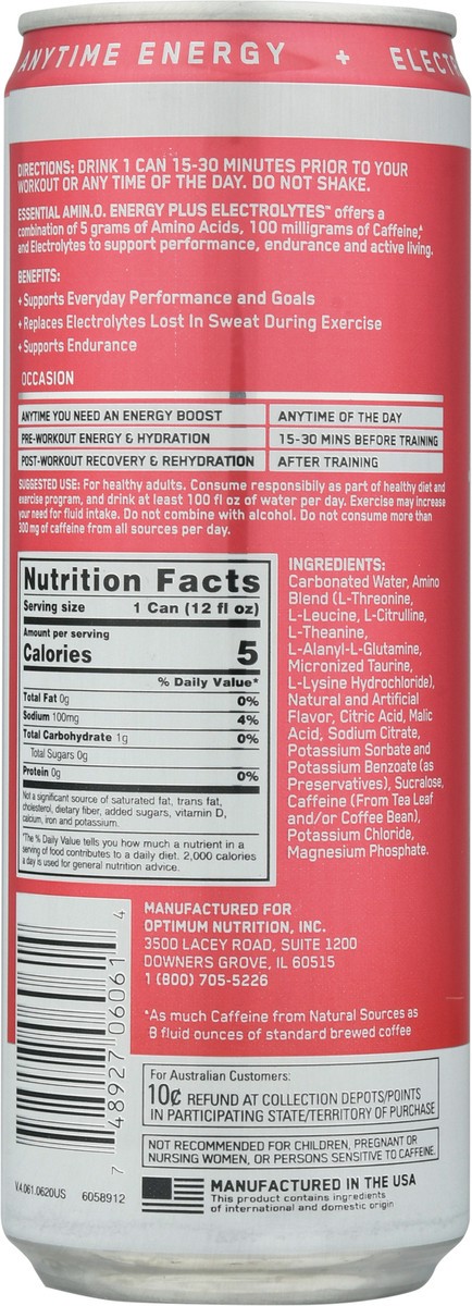 slide 9 of 14, Optimum Nutrition Essential Amin.O. Energy + Electrolytes Watermelon Sparkling Hydration Drink 12 fl oz Can, 12 fl oz