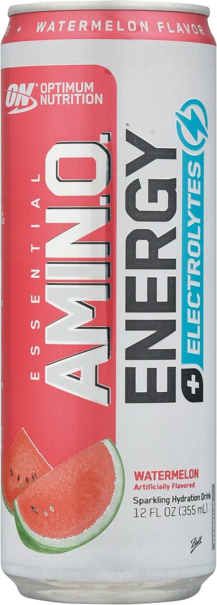 slide 1 of 14, Optimum Nutrition Essential Amin.O. Energy + Electrolytes Watermelon Sparkling Hydration Drink 12 fl oz Can, 12 fl oz