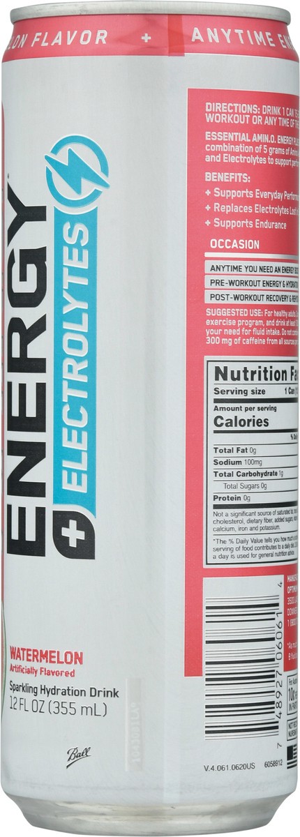 slide 12 of 14, Optimum Nutrition Essential Amin.O. Energy + Electrolytes Watermelon Sparkling Hydration Drink 12 fl oz Can, 12 fl oz