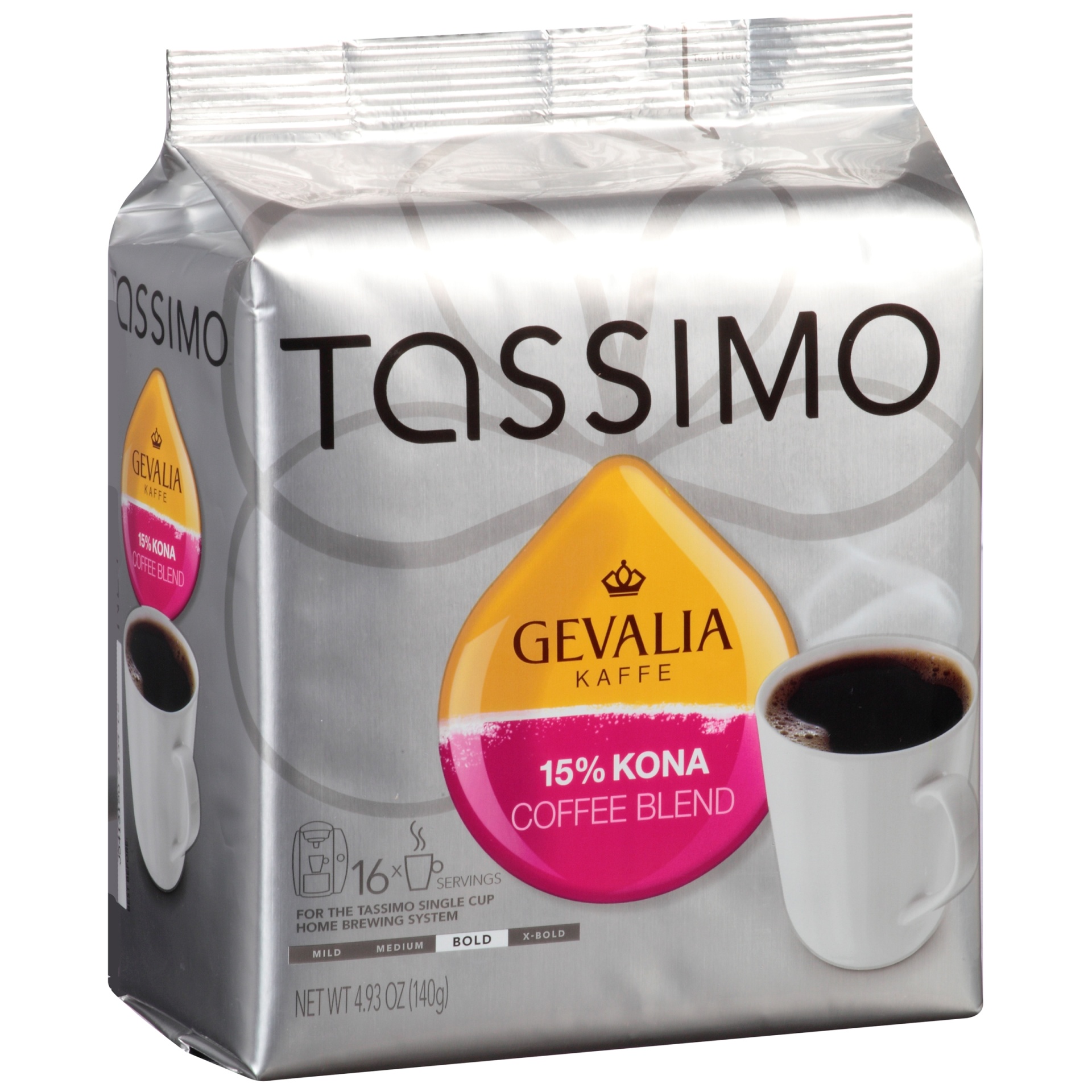 slide 2 of 5, Tassimo Gevalia 15% Kona Blend Bold Dark Roast Coffee T-Discs for Tassimo Single Cup Home Brewing Systems Pack, 4.9 oz
