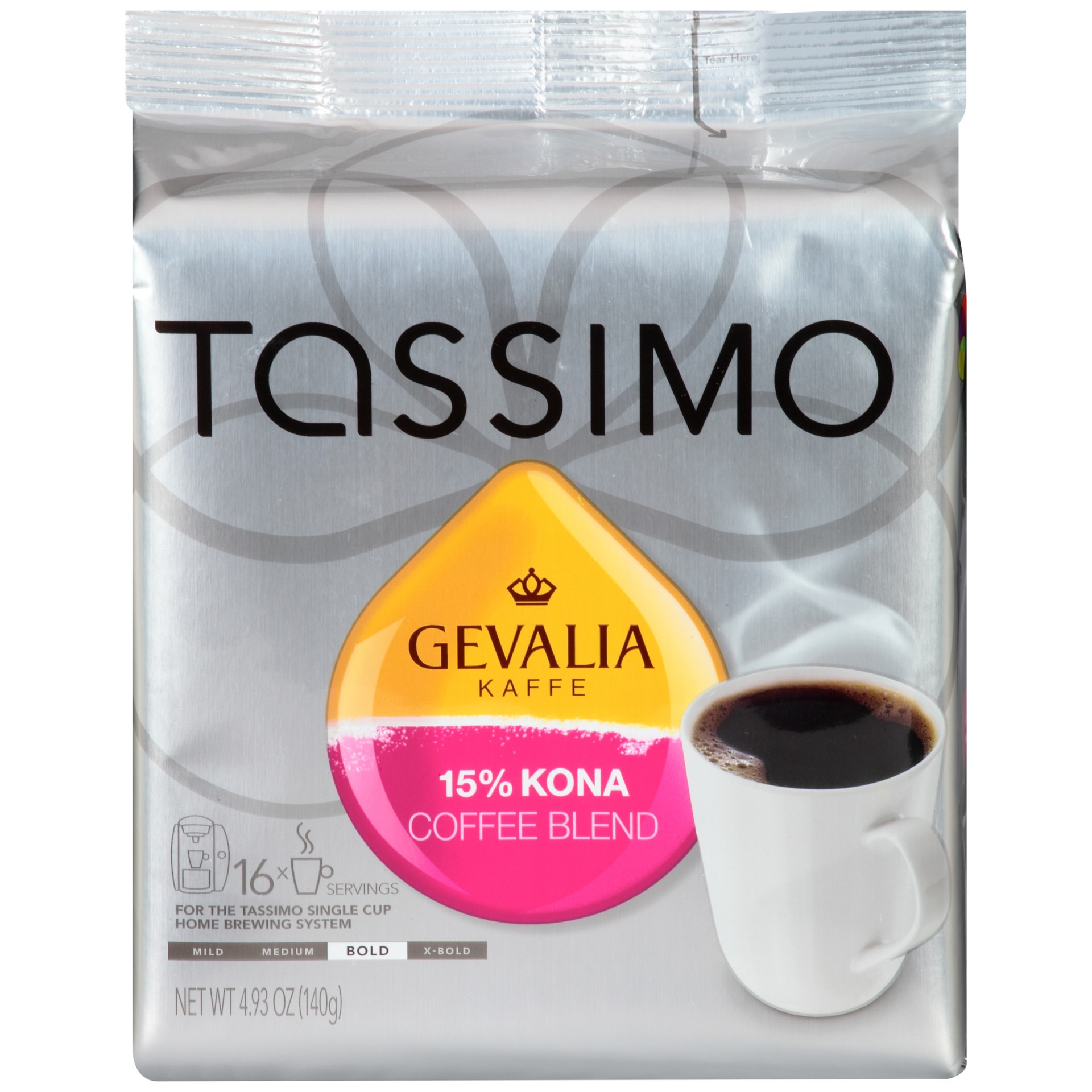 slide 1 of 5, Tassimo Gevalia 15% Kona Blend Bold Dark Roast Coffee T-Discs for Tassimo Single Cup Home Brewing Systems Pack, 4.9 oz