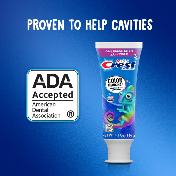 slide 6 of 29, Crest Advanced Kid's Fluoride Toothpaste, Bubblegum Flavor, Two Tubes of Color Changing Toothpaste, 4.2 oz