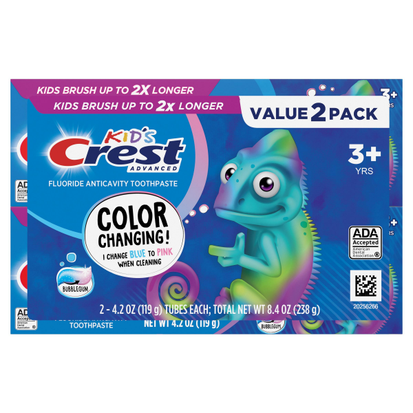 slide 12 of 29, Crest Advanced Kid's Fluoride Toothpaste, Bubblegum Flavor, Two Tubes of Color Changing Toothpaste, 4.2 oz