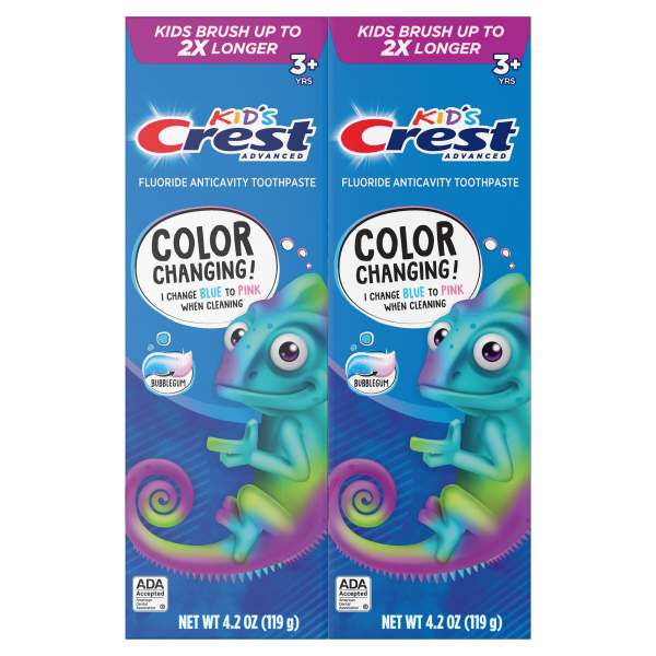slide 11 of 29, Crest Advanced Kid's Fluoride Toothpaste, Bubblegum Flavor, Two Tubes of Color Changing Toothpaste, 4.2 oz