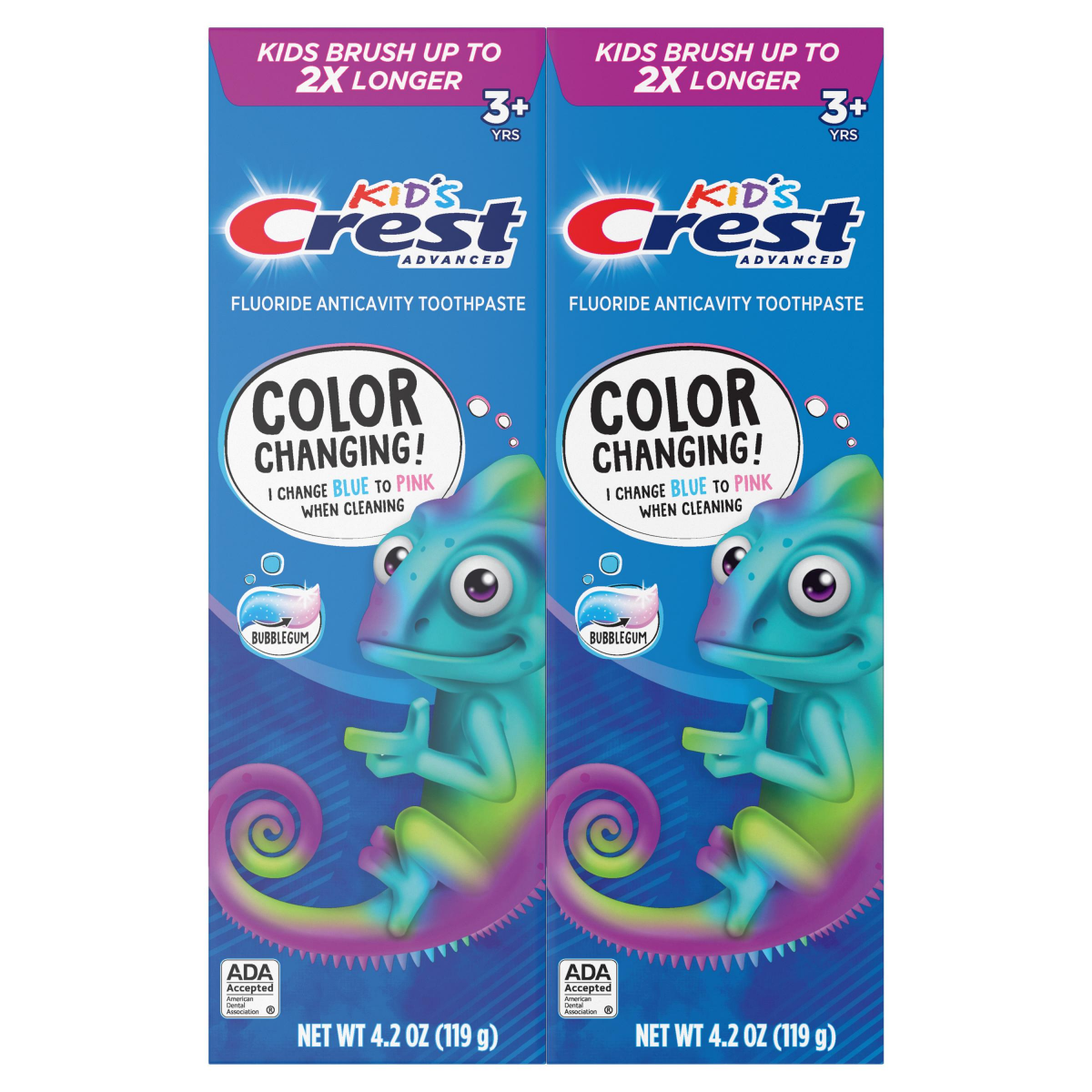 slide 24 of 29, Crest Advanced Kid's Fluoride Toothpaste, Bubblegum Flavor, Two Tubes of Color Changing Toothpaste, 4.2 oz