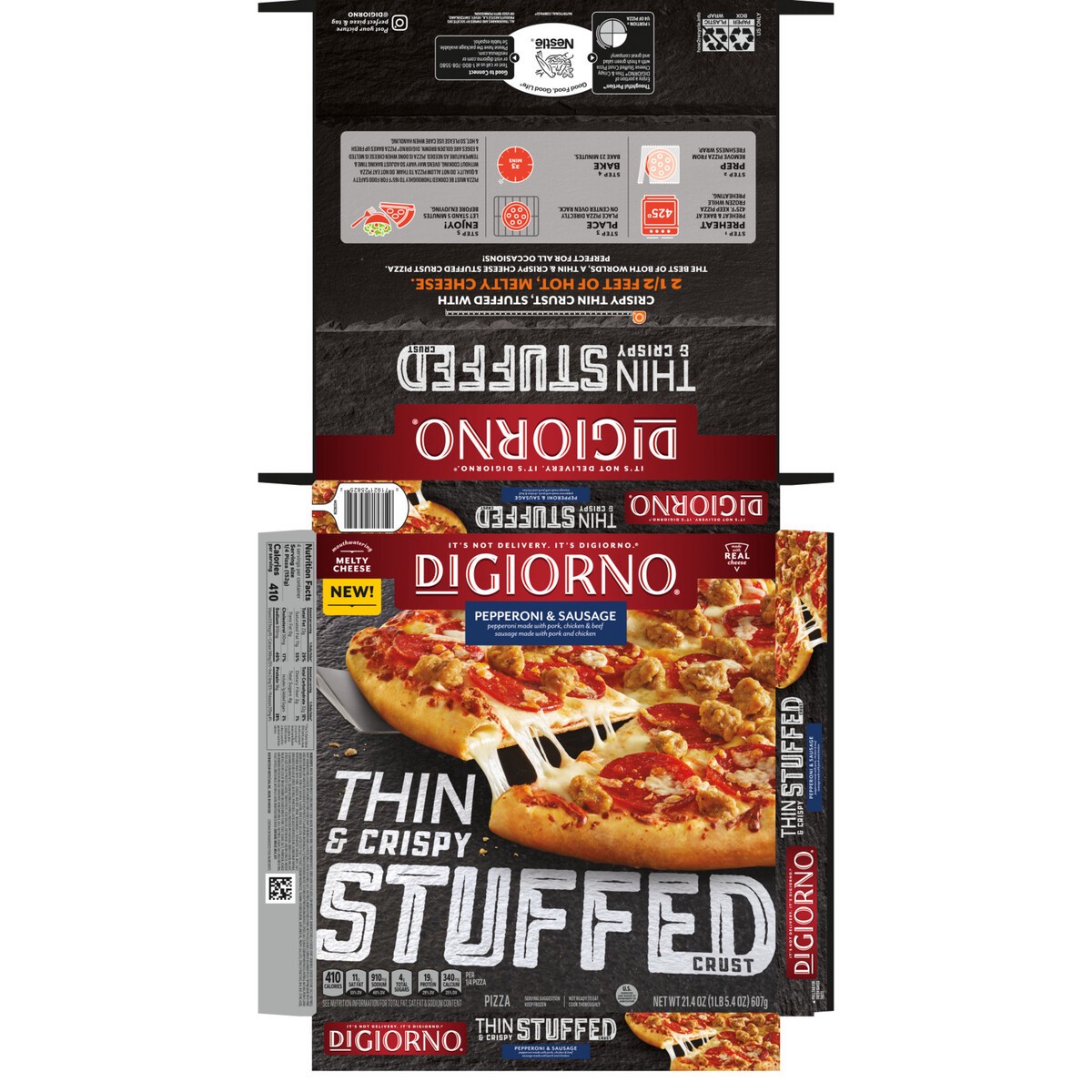 slide 4 of 13, DiGiorno Frozen Thin-Crust Pizza, Thin and Crispy Stuffed Crust Pepperoni and Sausage Pizza, 21.4oz (Frozen), 21.4 oz