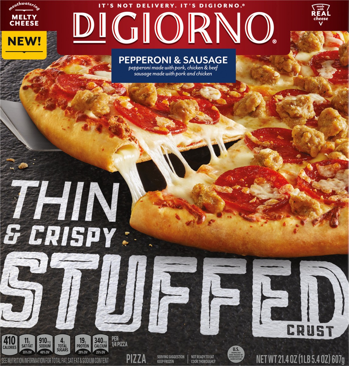 slide 12 of 13, DiGiorno Frozen Thin-Crust Pizza, Thin and Crispy Stuffed Crust Pepperoni and Sausage Pizza, 21.4oz (Frozen), 21.4 oz