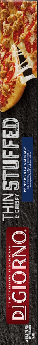 slide 7 of 13, DiGiorno Frozen Thin-Crust Pizza, Thin and Crispy Stuffed Crust Pepperoni and Sausage Pizza, 21.4oz (Frozen), 21.4 oz