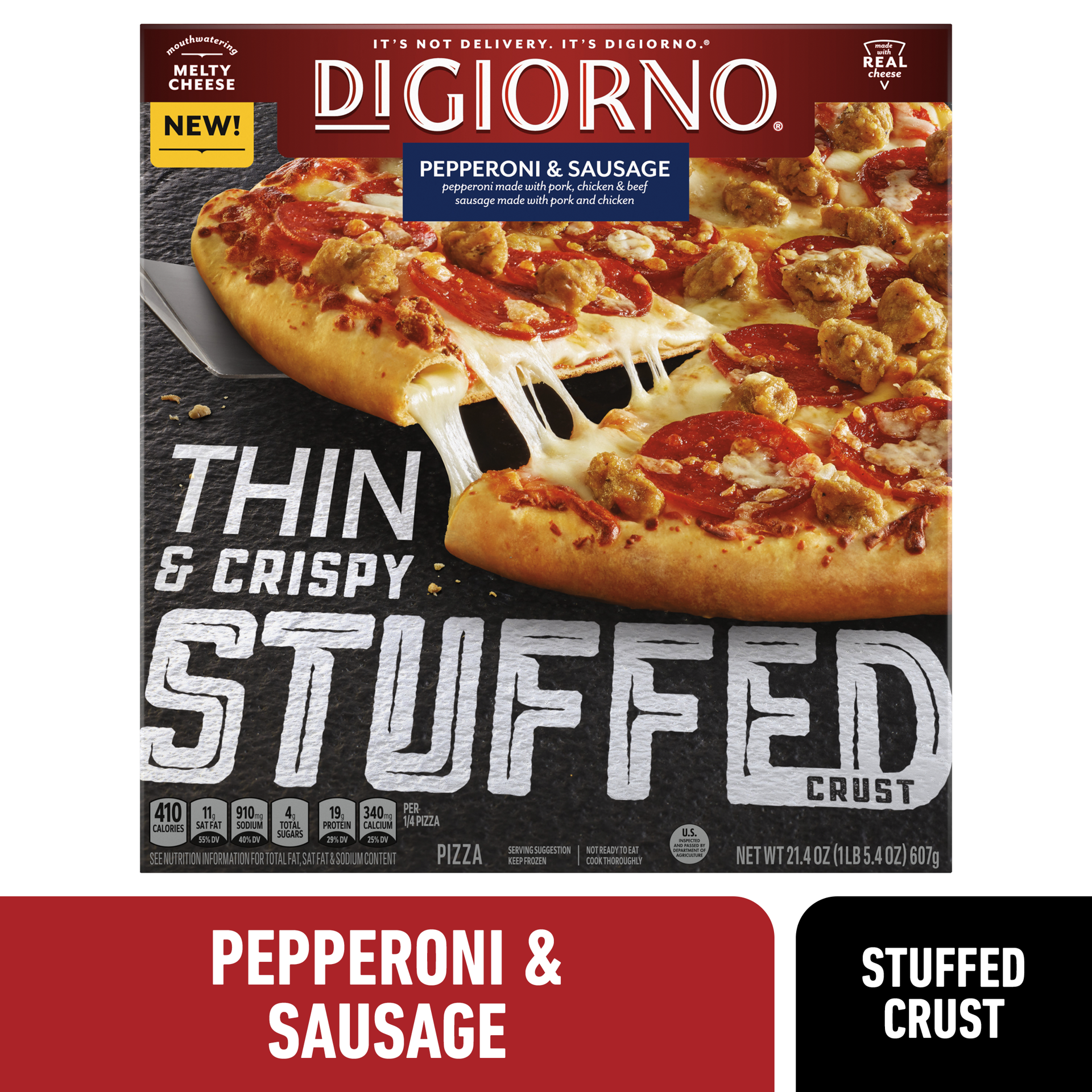 slide 1 of 13, DiGiorno Frozen Thin-Crust Pizza, Thin and Crispy Stuffed Crust Pepperoni and Sausage Pizza, 21.4oz (Frozen), 21.4 oz