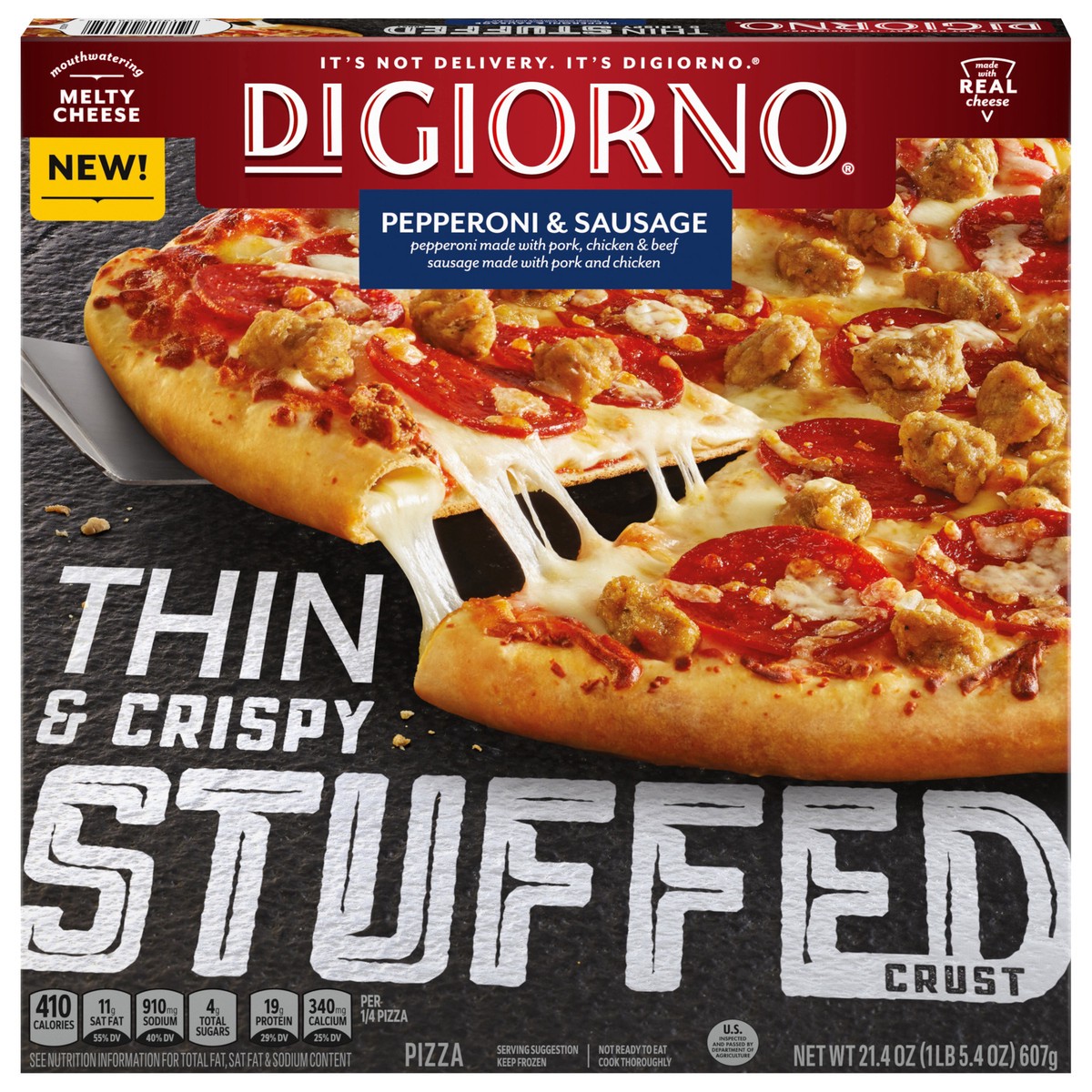 slide 2 of 13, DiGiorno Frozen Thin-Crust Pizza, Thin and Crispy Stuffed Crust Pepperoni and Sausage Pizza, 21.4oz (Frozen), 21.4 oz