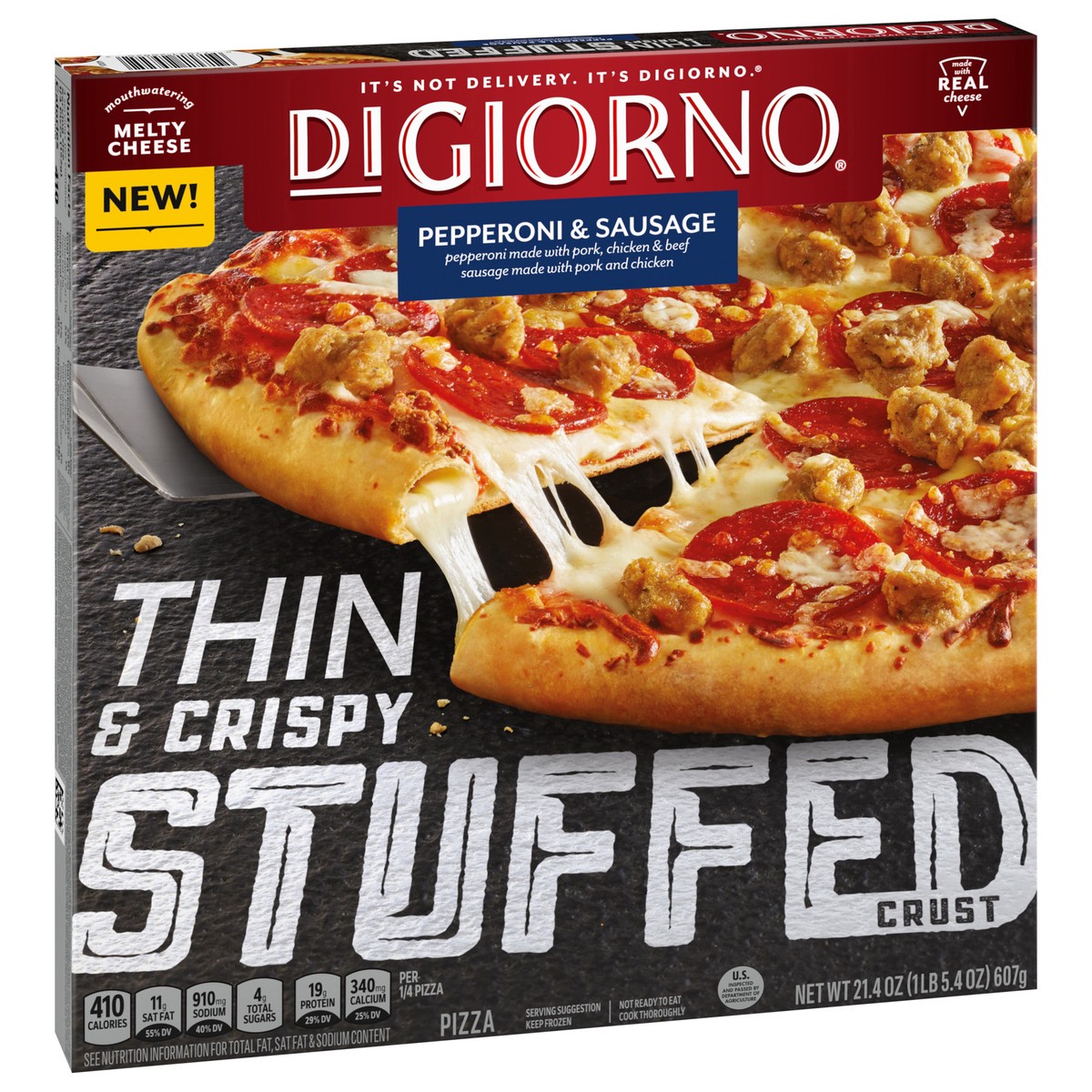 slide 10 of 13, DiGiorno Frozen Thin-Crust Pizza, Thin and Crispy Stuffed Crust Pepperoni and Sausage Pizza, 21.4oz (Frozen), 21.4 oz