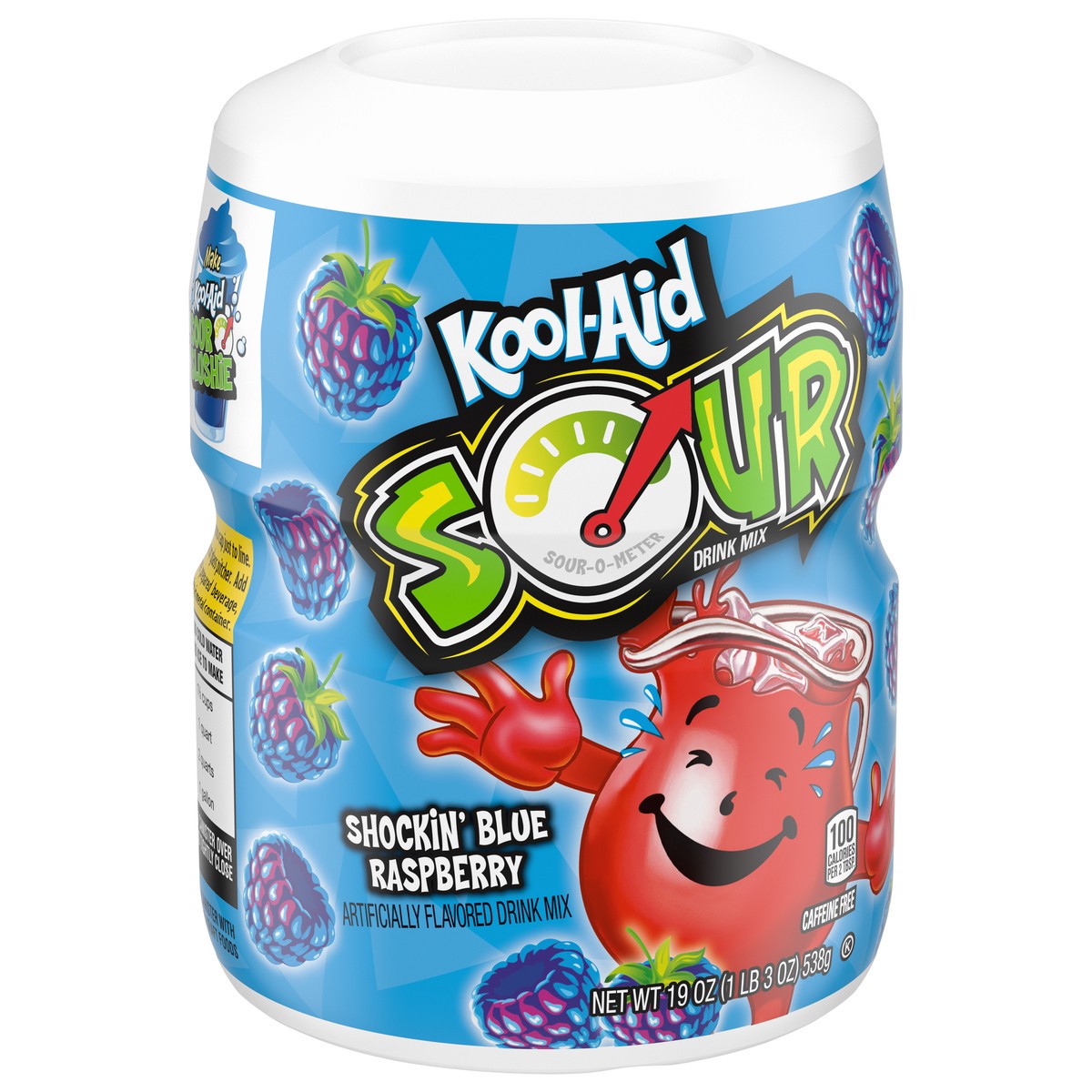 slide 2 of 9, Kool-Aid Sour Shockin' Blue Raspberry Sugar-Sweetened Artificially Flavored Powdered Soft Drink Mix, 19 oz Canister, 19 oz