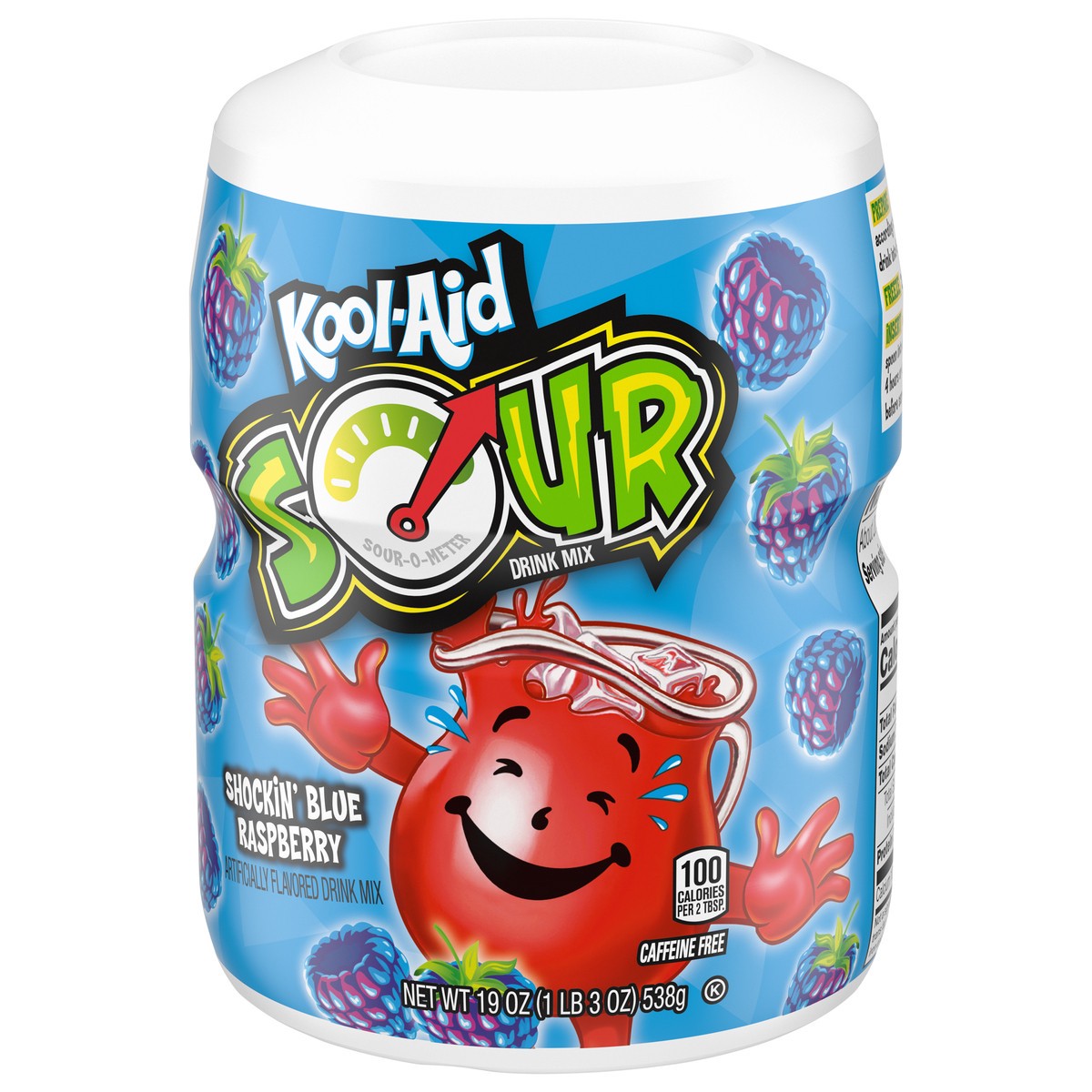 slide 6 of 9, Kool-Aid Sour Shockin' Blue Raspberry Sugar-Sweetened Artificially Flavored Powdered Soft Drink Mix, 19 oz Canister, 19 oz