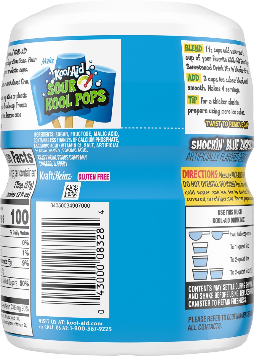 slide 8 of 9, Kool-Aid Sour Shockin' Blue Raspberry Sugar-Sweetened Artificially Flavored Powdered Soft Drink Mix, 19 oz Canister, 19 oz