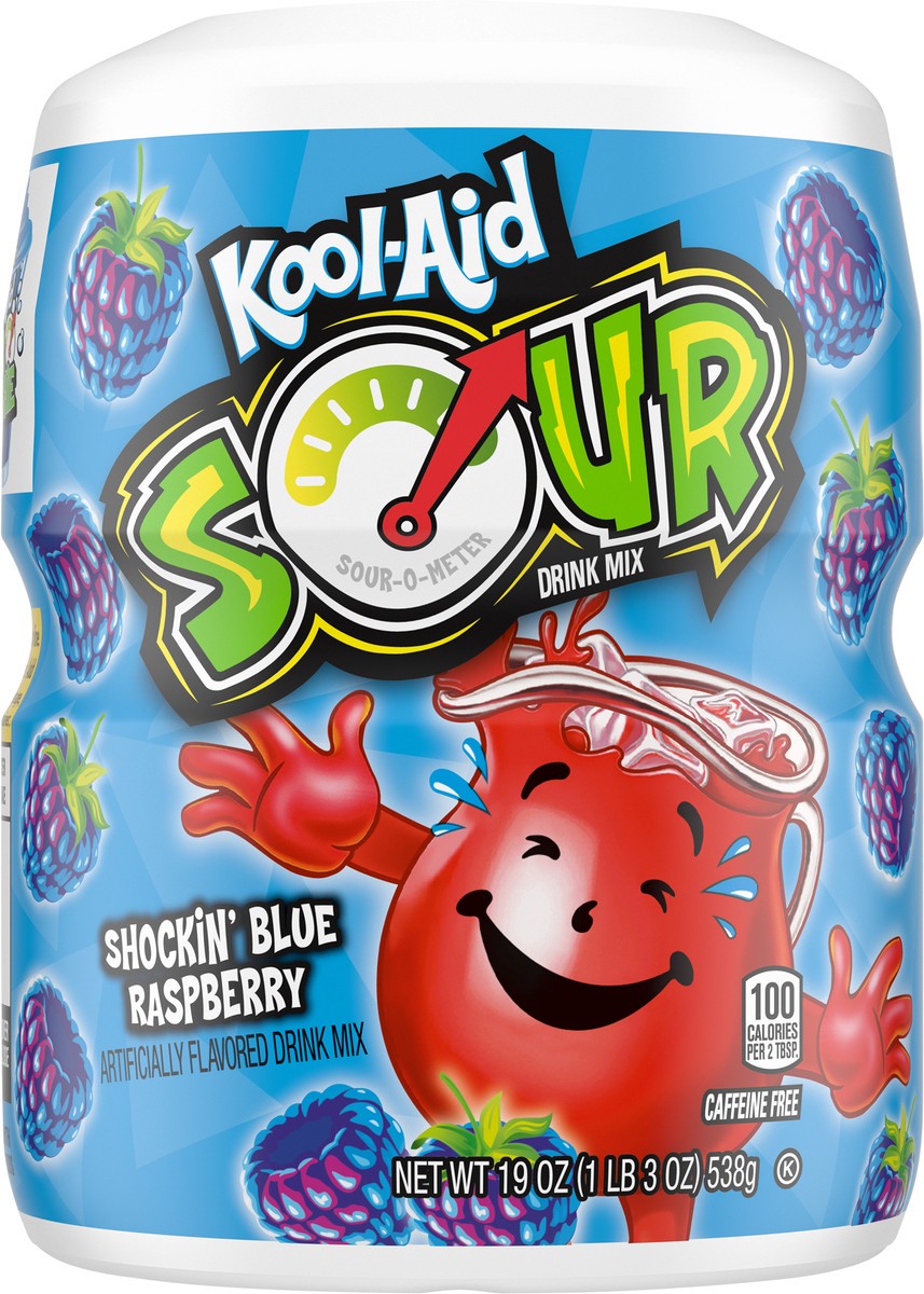 slide 3 of 9, Kool-Aid Sour Shockin' Blue Raspberry Sugar-Sweetened Artificially Flavored Powdered Soft Drink Mix, 19 oz Canister, 19 oz