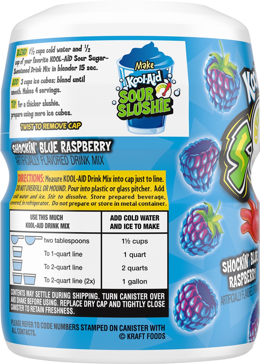 slide 4 of 9, Kool-Aid Sour Shockin' Blue Raspberry Sugar-Sweetened Artificially Flavored Powdered Soft Drink Mix, 19 oz Canister, 19 oz