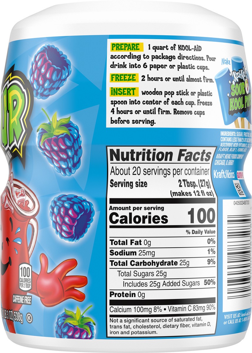 slide 9 of 9, Kool-Aid Sour Shockin' Blue Raspberry Sugar-Sweetened Artificially Flavored Powdered Soft Drink Mix, 19 oz Canister, 19 oz