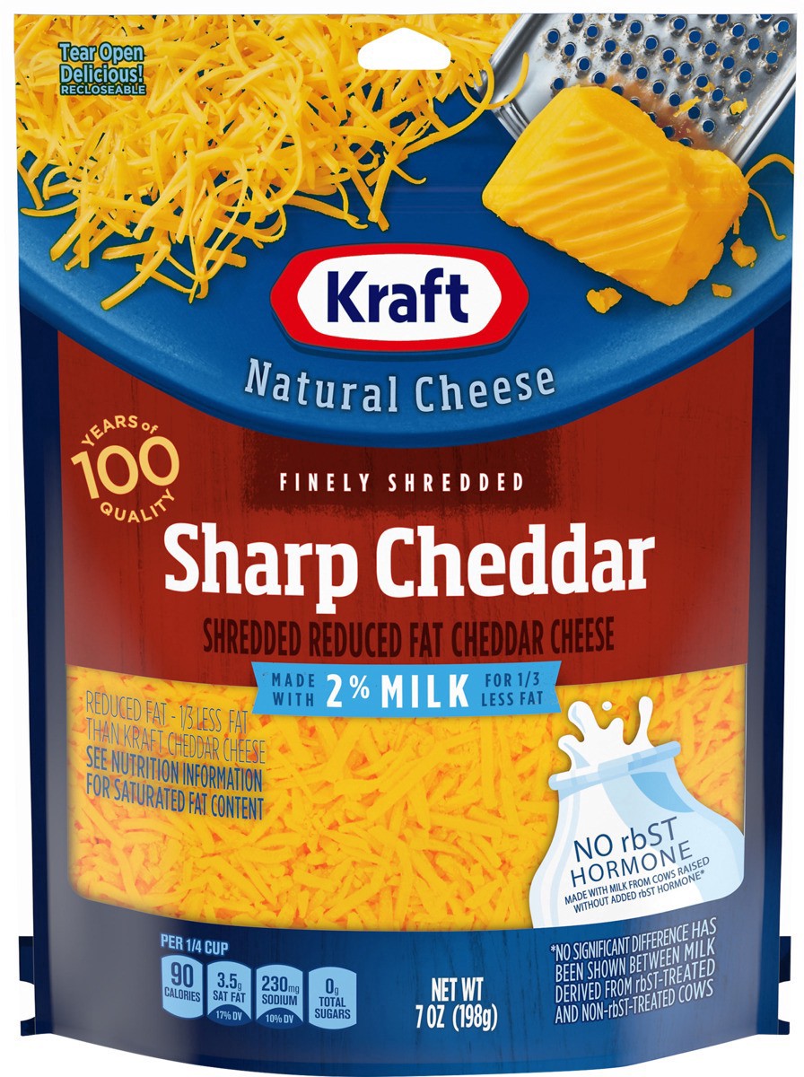 slide 9 of 13, Kraft Sharp Cheddar Finely Shredded Cheese with 2% Milk, 7 oz Bag, 7 oz