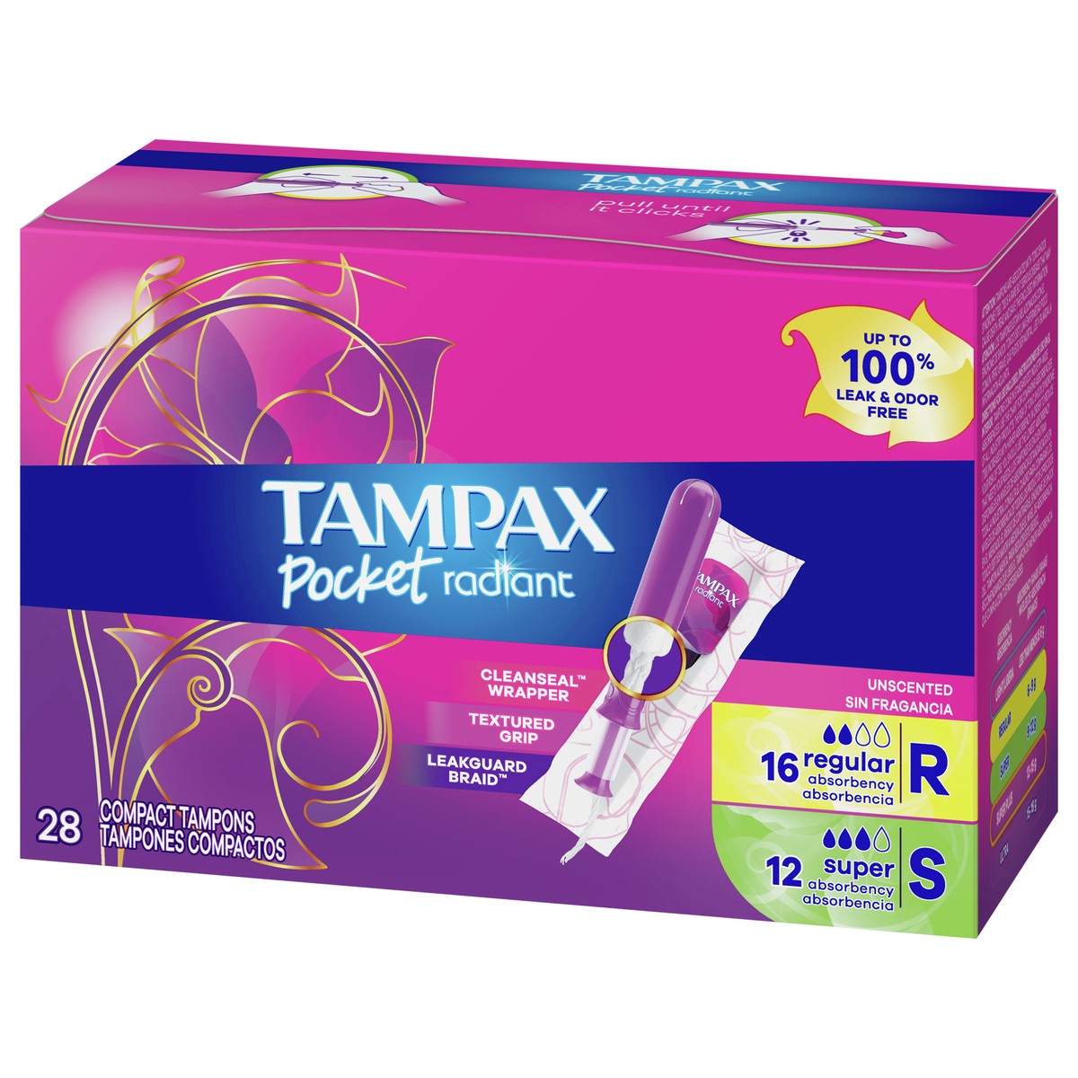 slide 3 of 4, Tampax Pocket Radiant Compact Duopack Regular/Super Absorbency Unscented Plastic Tampons - 28ct, 28 ct