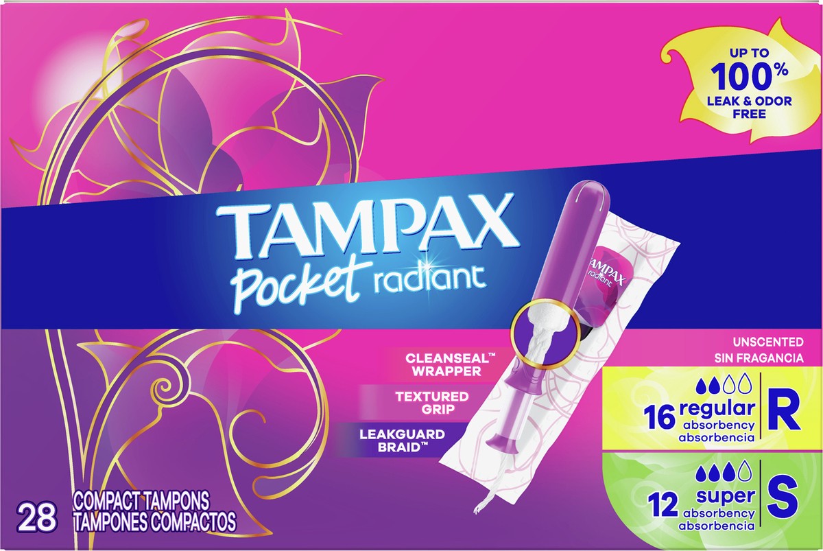 slide 4 of 4, Tampax Pocket Radiant Compact Duopack Regular/Super Absorbency Unscented Plastic Tampons - 28ct, 28 ct