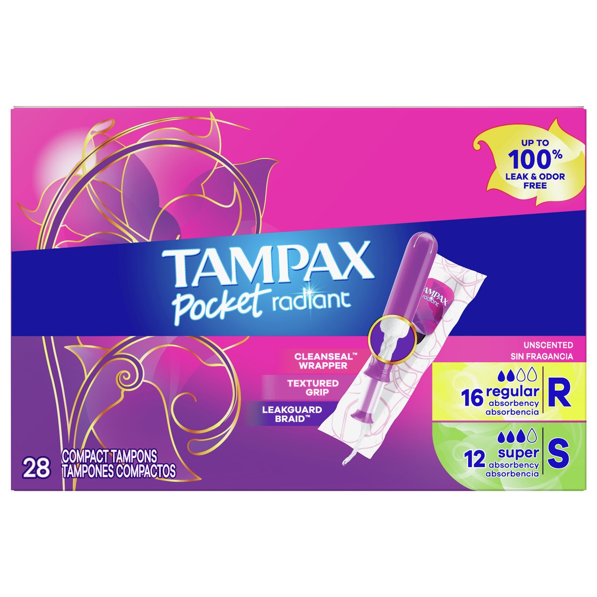 slide 1 of 4, Tampax Pocket Radiant Compact Duopack Regular/Super Absorbency Unscented Plastic Tampons - 28ct, 28 ct