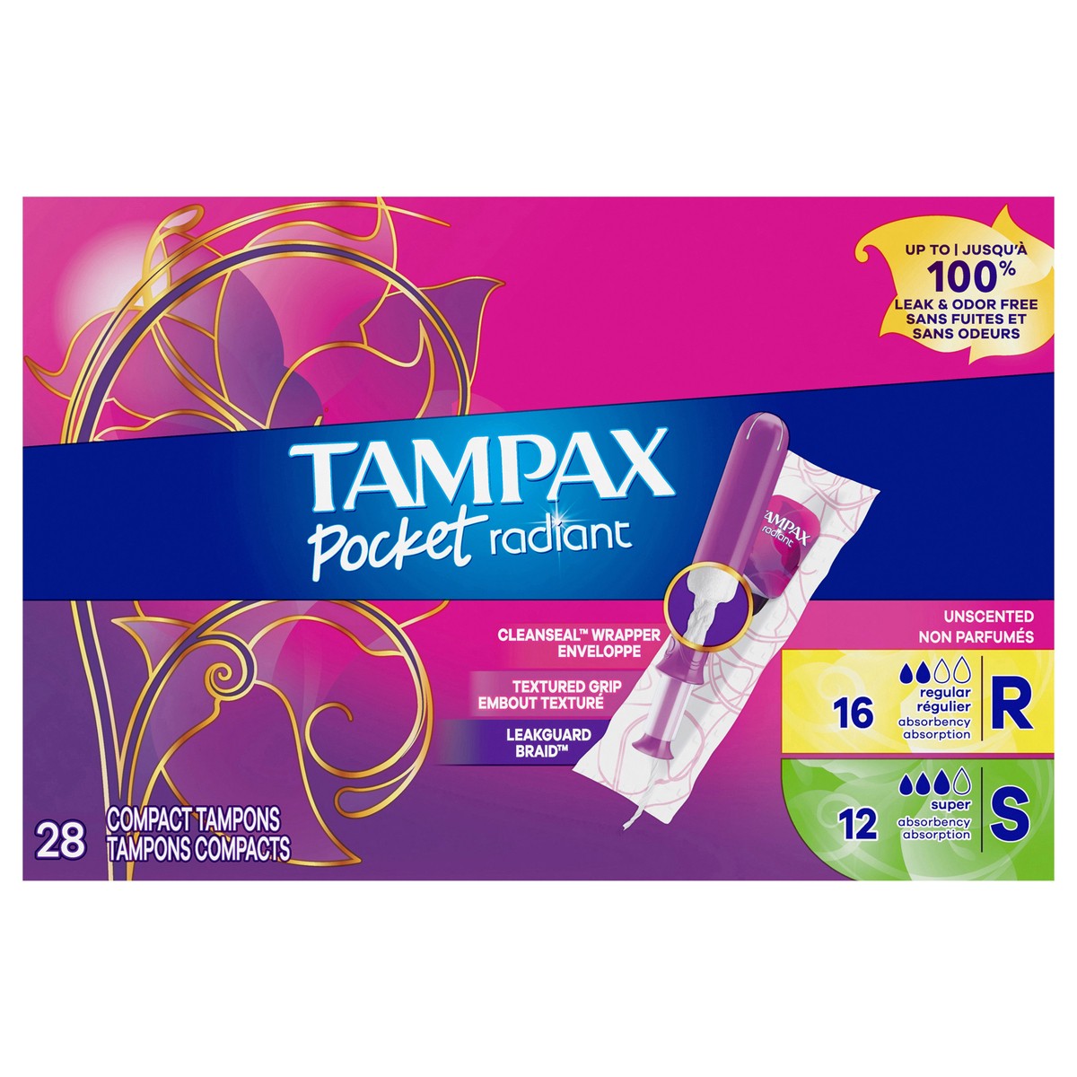 slide 1 of 4, Tampax Pocket Radiant Compact Plastic Tampons, With LeakGuard Braid, Duo Pack Regular/Super Absorbency, Unscented, 28 Count, 28 ct