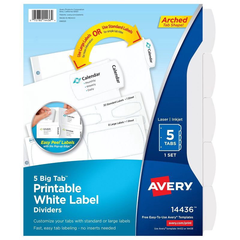 slide 1 of 8, Avery 5ct Printable White Label Big Tab Divider Set, 5 ct