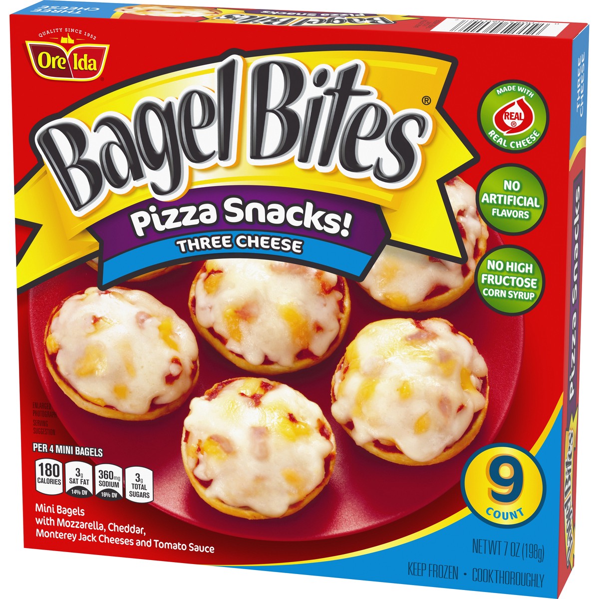 slide 6 of 9, Bagel Bites Three Cheese Mini Pizza Bagel Frozen Snacks, 9 ct Box, 9 ct