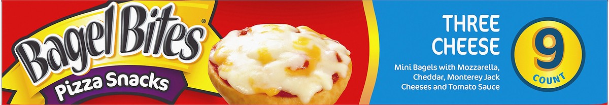 slide 4 of 9, Bagel Bites Three Cheese Mini Pizza Bagel Frozen Snacks, 9 ct Box, 9 ct