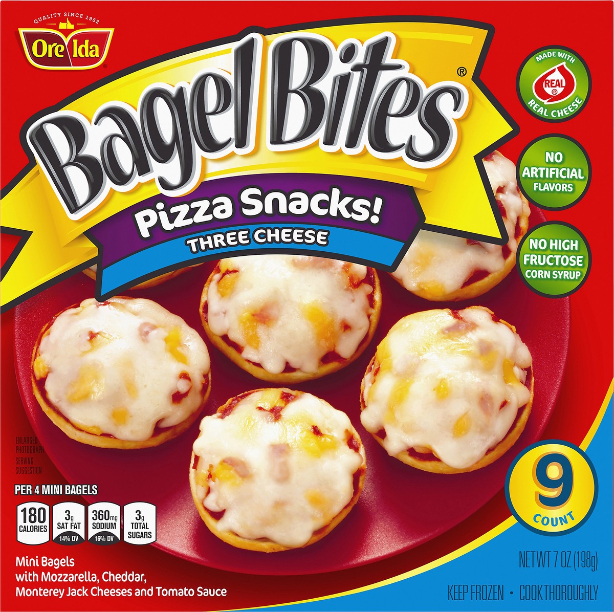 slide 2 of 9, Bagel Bites Three Cheese Mini Pizza Bagel Frozen Snacks, 9 ct Box, 9 ct