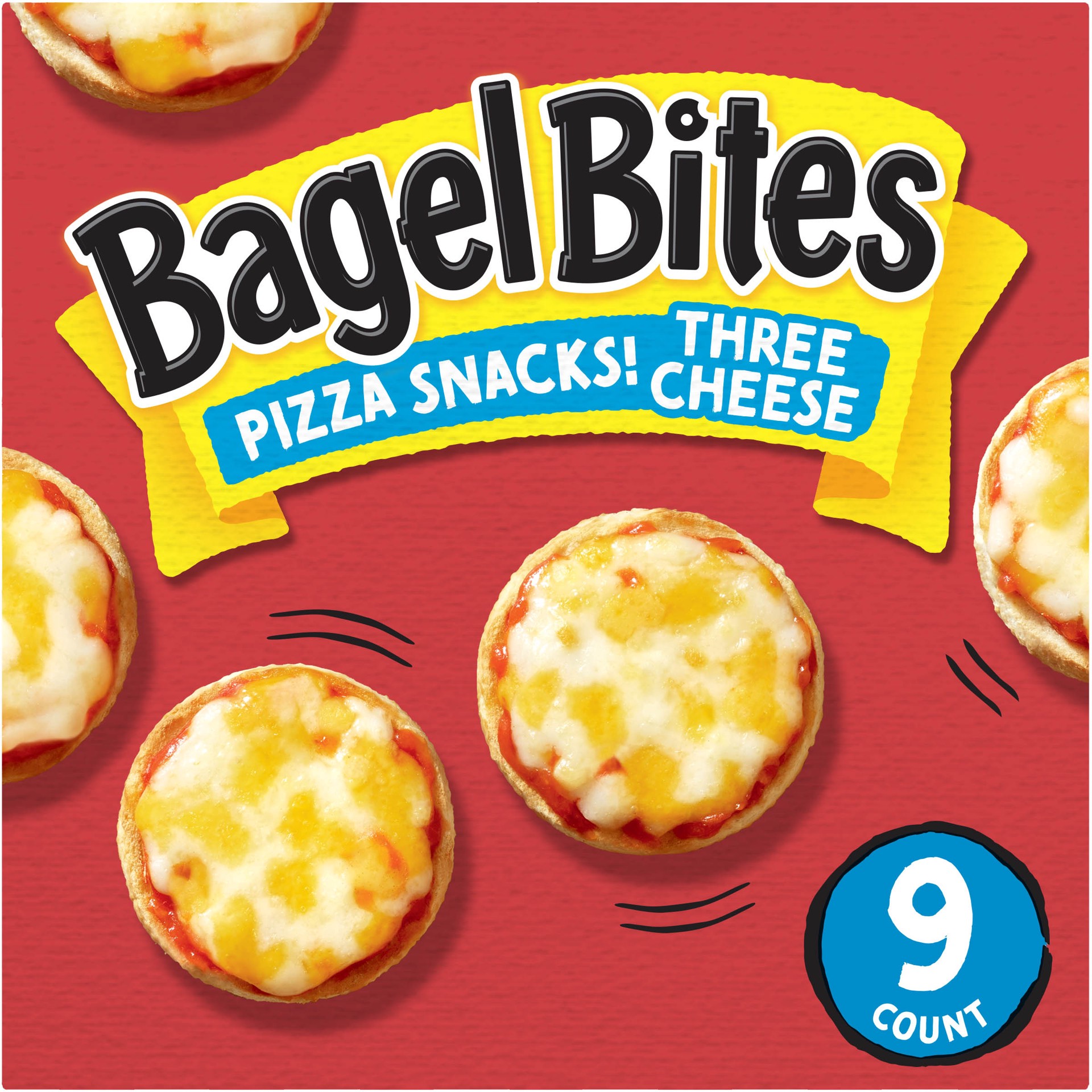 slide 1 of 9, Bagel Bites Three Cheese Mini Pizza Bagel Frozen Snacks, 9 ct Box, 9 ct