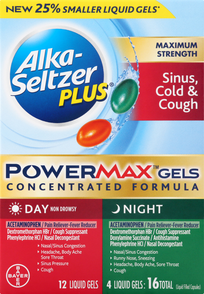 slide 1 of 1, Alka-Seltzer Alka Seltzer Plus Power Max Gels Day & Night Sinus & Cold, 16 ct