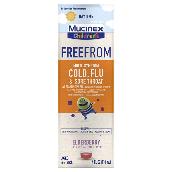 slide 1 of 1, Mucinex Children's FreeFrom Multi-Symptom Cold Flu & Sore Throat Elderberry & Cherry Liquid, 4 oz