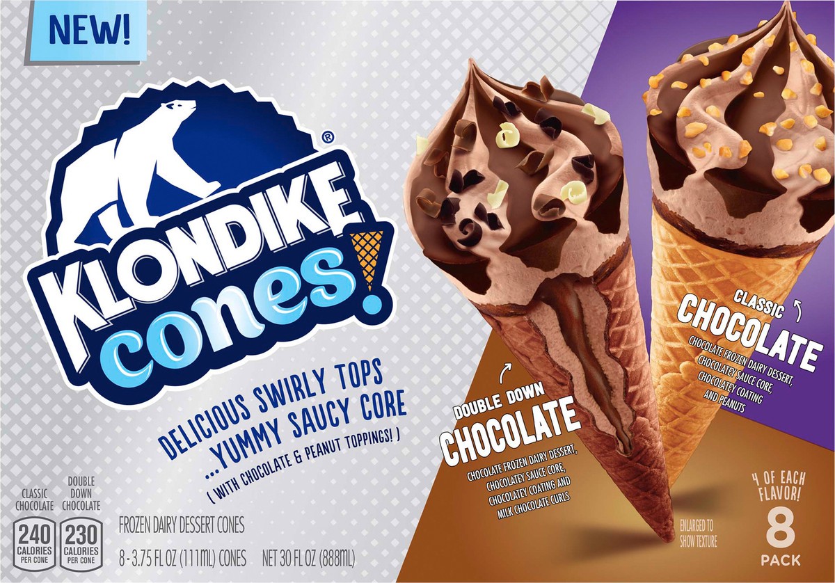 slide 2 of 3, Klondike Frozen Dairy Dessert Cone Classic Chocolate & Double Down Chocolate, 3.75 fl oz, 8 Count , 3.75 fl oz