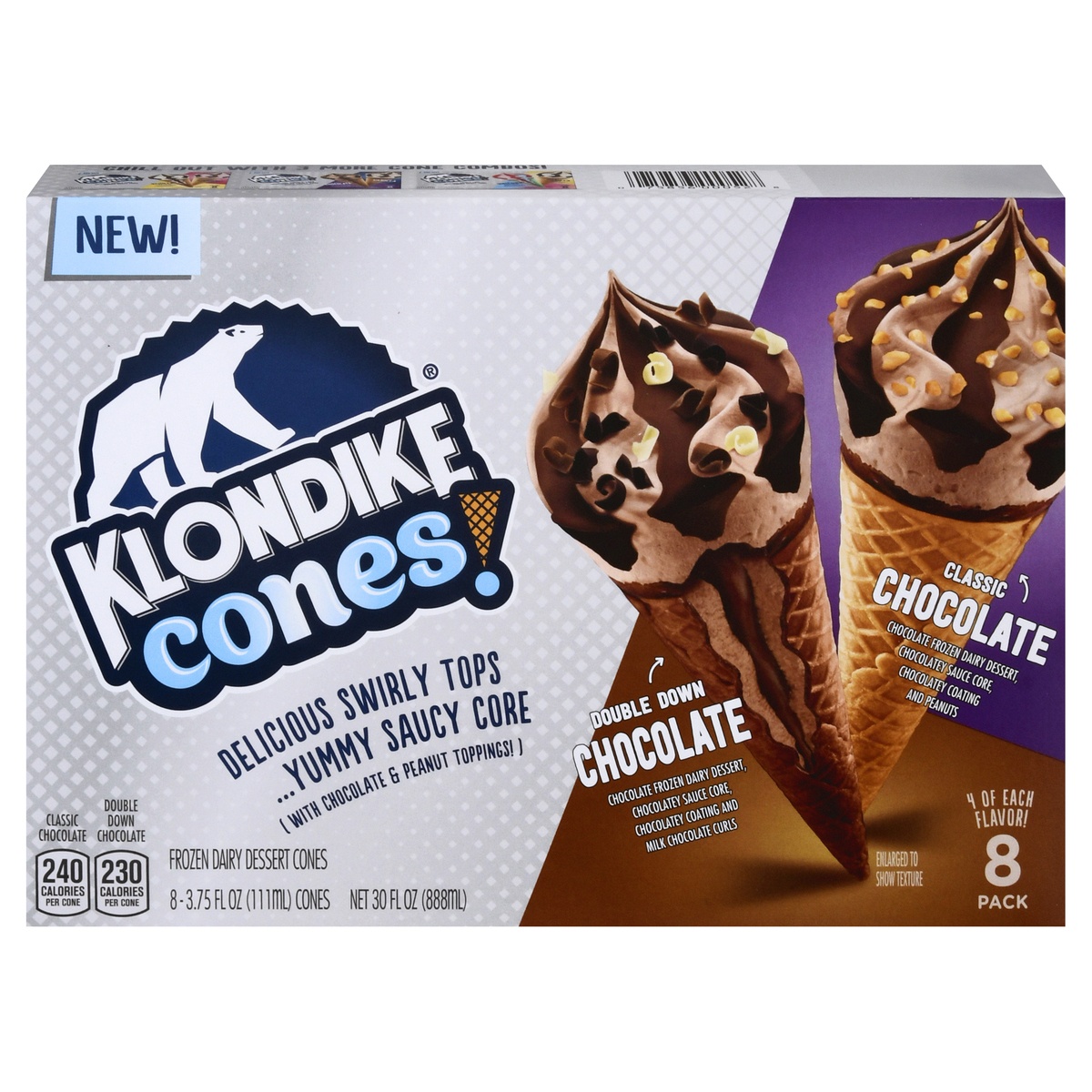 slide 1 of 1, Klondike Cones Double Down Chocolate & Classic Chocolate Frozen Dairy Dessert Cones, 8 ct; 3.75 fl oz