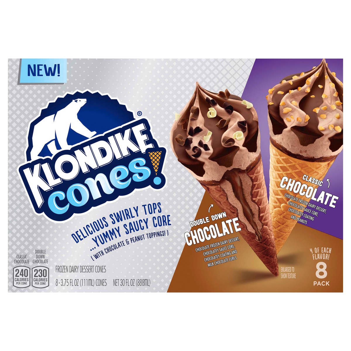 slide 1 of 3, Klondike Frozen Dairy Dessert Cone Classic Chocolate & Double Down Chocolate, 3.75 fl oz, 8 Count , 3.75 fl oz