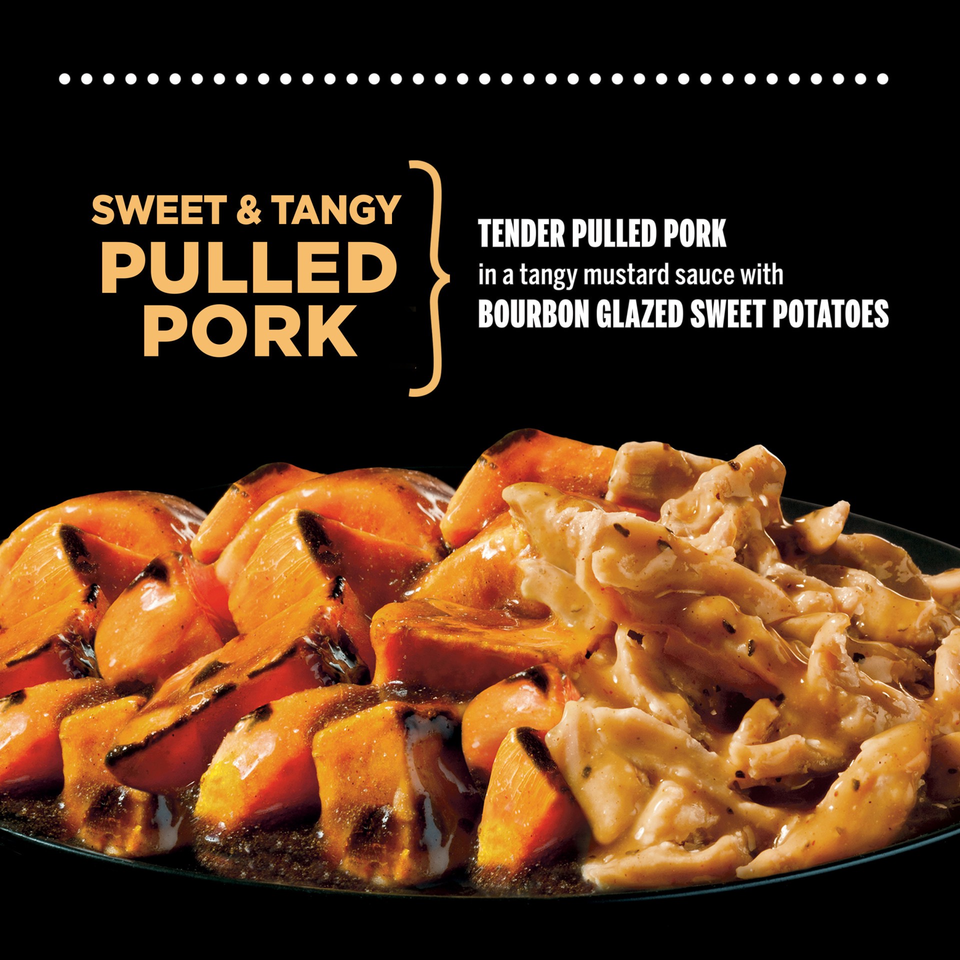 slide 3 of 5, DEVOUR Sweet & Tangy Pulled Pork with Bourbon Glazed Sweet Potatoes Frozen Meal, 10 oz Box, 10 oz