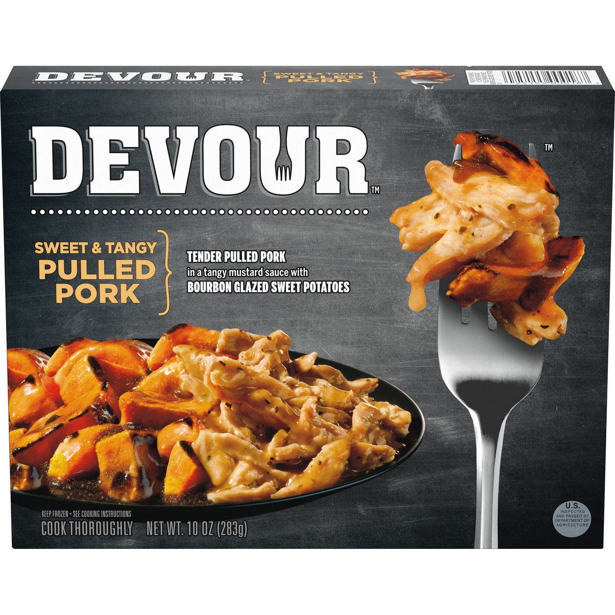 slide 1 of 5, DEVOUR Sweet & Tangy Pulled Pork with Bourbon Glazed Sweet Potatoes Frozen Meal, 10 oz Box, 10 oz