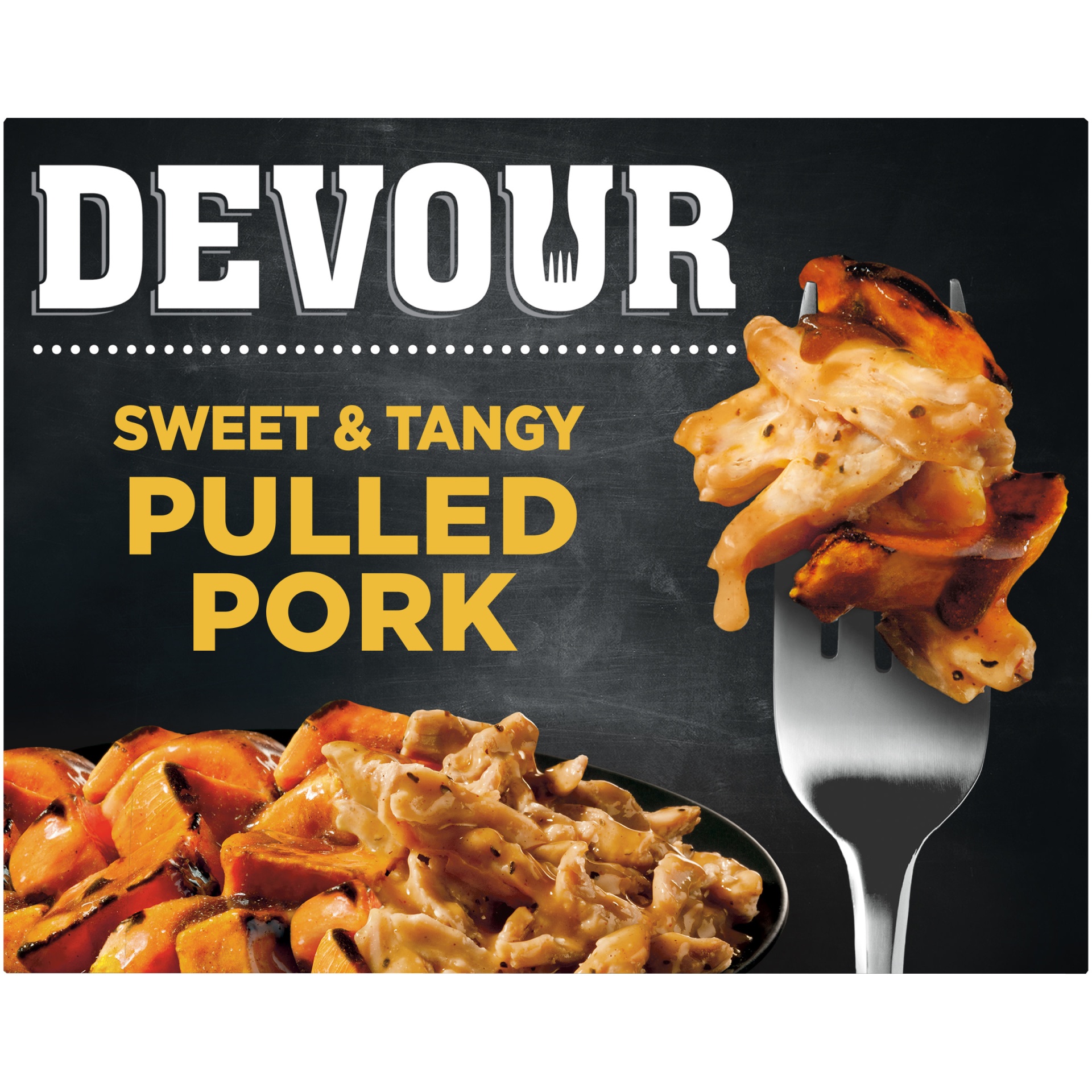slide 1 of 1, DEVOUR Sweet & Tangy Pulled Pork with Bourbon Glazed Sweet Potatoes Frozen Meal, 10 oz