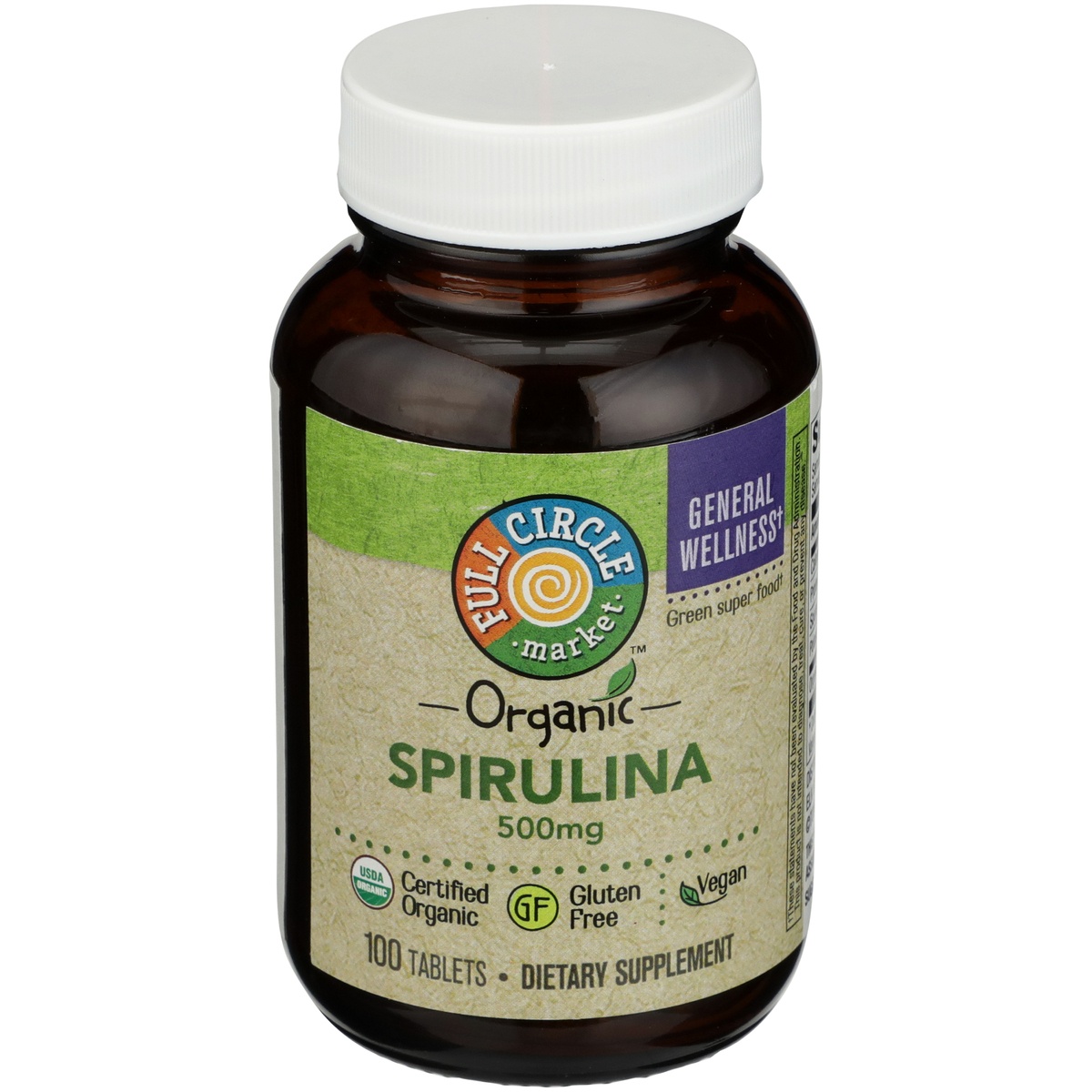 slide 1 of 1, Full Circle Market Spirulina 500 Mg Green Super Food General Wellness Dietary Supplement Vegan Tablets, 100 ct